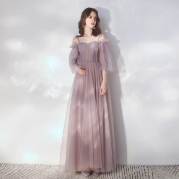 Elegant Lavender Evening Dresses 2019 A Line Princess Spaghetti Straps Detachable 3 4 Sleeve Beading Floor Length Long Ruffle Backless Formal Dresses