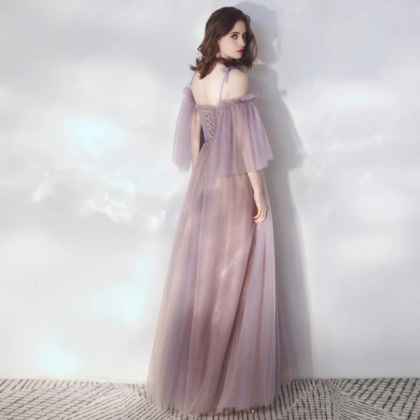 Eleganckie Lawenda Sukienki Wieczorowe 2019 Princessa Spaghetti Pasy odpinany 3/4 Rękawy Frezowanie Długie Wzburzyć Bez Pleców Sukienki Wizytowe