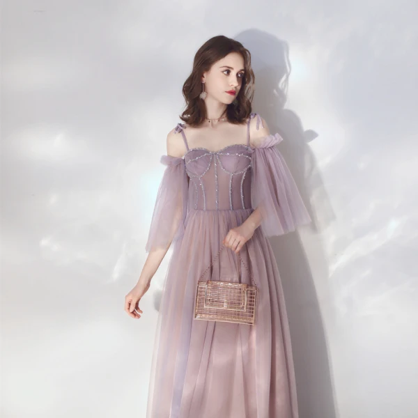 Eleganckie Lawenda Sukienki Wieczorowe 2019 Princessa Spaghetti Pasy odpinany 3/4 Rękawy Frezowanie Długie Wzburzyć Bez Pleców Sukienki Wizytowe