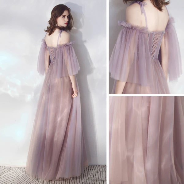 Eleganckie Lawenda Sukienki Wieczorowe 2019 Princessa Spaghetti Pasy odpinany 3/4 Rękawy Frezowanie Długie Wzburzyć Bez Pleców Sukienki Wizytowe