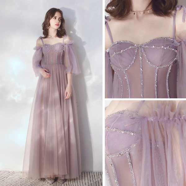 Eleganckie Lawenda Sukienki Wieczorowe 2019 Princessa Spaghetti Pasy odpinany 3/4 Rękawy Frezowanie Długie Wzburzyć Bez Pleców Sukienki Wizytowe