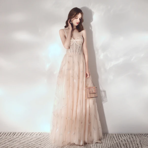 Best Champagne Evening Dresses 2019 A-Line / Princess Spaghetti Straps  Sleeveless Beading Floor-Length / Long Ruffle