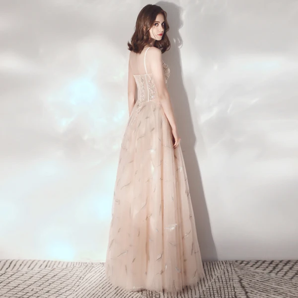 Meilleur Champagne Robe De Soirée 2019 Princesse Bretelles Spaghetti Sans Manches Perlage Longue Volants Dos Nu Robe De Ceremonie