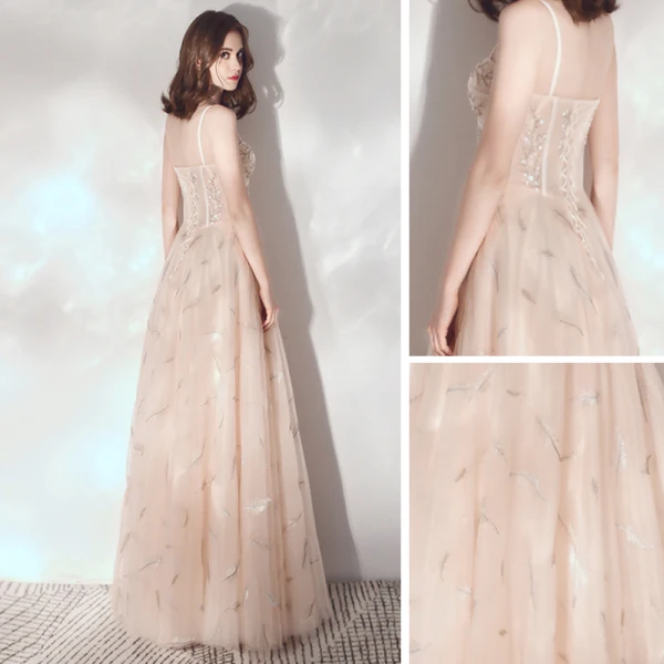 Meilleur Champagne Robe De Soirée 2019 Princesse Bretelles Spaghetti Sans Manches Perlage Longue Volants Dos Nu Robe De Ceremonie