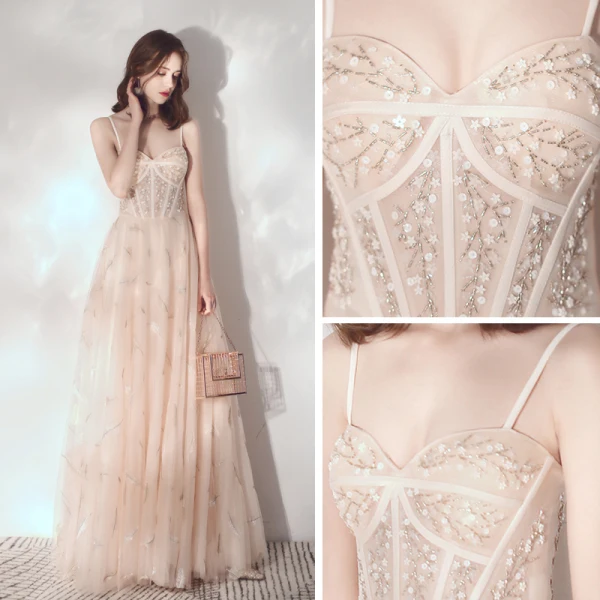 Meilleur Champagne Robe De Soirée 2019 Princesse Bretelles Spaghetti Sans Manches Perlage Longue Volants Dos Nu Robe De Ceremonie