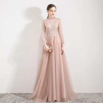Elegant Pearl Pink See Through Evening Dresses 2019 A Line Princess High Neck Puffy 3 4 Sleeve Appliques Lace Beading Sweep Train Backless Formal Dresses