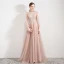 Elegant Pearl Pink See-through Evening Dresses  2019 A-Line / Princess High Neck Puffy 3/4 Sleeve Appliques Lace Beading Sweep Train Backless Formal Dresses