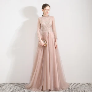 Elegante Pearl Rosa Durchsichtige Abendkleider 2019 A Linie Stehkragen Geschwollenes 3 4 Ärmel Applikationen Spitze Perlenstickerei Sweep Pinsel Zug Rückenfreies Festliche Kleider