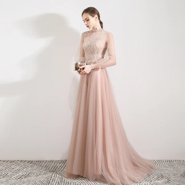 Elegant Pearl Pink See-through Evening Dresses  2019 A-Line / Princess High Neck Puffy 3/4 Sleeve Appliques Lace Beading Sweep Train Backless Formal Dresses