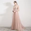 Elegant Pearl Pink See-through Evening Dresses  2019 A-Line / Princess High Neck Puffy 3/4 Sleeve Appliques Lace Beading Sweep Train Backless Formal Dresses