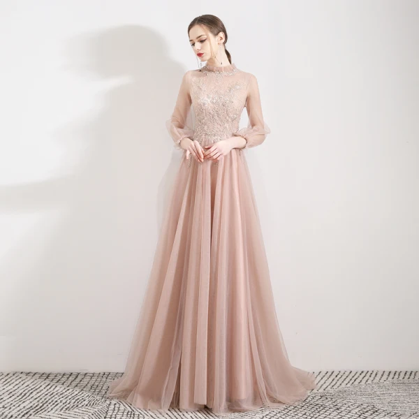 Elegant Pearl Pink See-through Evening Dresses  2019 A-Line / Princess High Neck Puffy 3/4 Sleeve Appliques Lace Beading Sweep Train Backless Formal Dresses