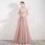 Elegant Pearl Pink See-through Evening Dresses  2019 A-Line / Princess High Neck Puffy 3/4 Sleeve Appliques Lace Beading Sweep Train Backless Formal Dresses