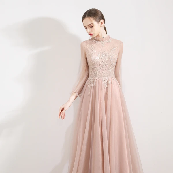Elegant Pearl Pink See-through Evening Dresses  2019 A-Line / Princess High Neck Puffy 3/4 Sleeve Appliques Lace Beading Sweep Train Backless Formal Dresses