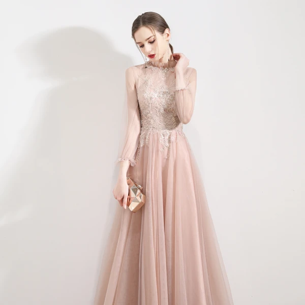 Elegant Pearl Pink See-through Evening Dresses  2019 A-Line / Princess High Neck Puffy 3/4 Sleeve Appliques Lace Beading Sweep Train Backless Formal Dresses