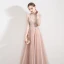 Elegant Pearl Pink See-through Evening Dresses  2019 A-Line / Princess High Neck Puffy 3/4 Sleeve Appliques Lace Beading Sweep Train Backless Formal Dresses