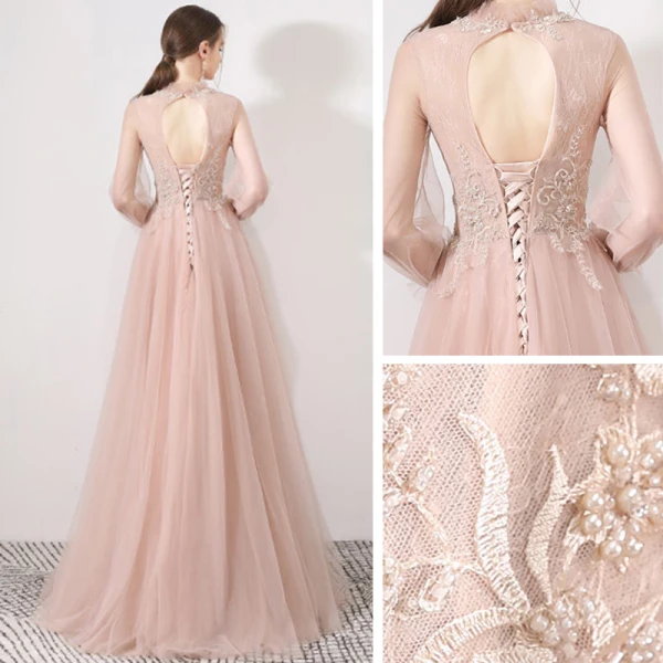 Elegant Pearl Pink See-through Evening Dresses  2019 A-Line / Princess High Neck Puffy 3/4 Sleeve Appliques Lace Beading Sweep Train Backless Formal Dresses