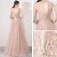 Elegant Pearl Pink See-through Evening Dresses  2019 A-Line / Princess High Neck Puffy 3/4 Sleeve Appliques Lace Beading Sweep Train Backless Formal Dresses