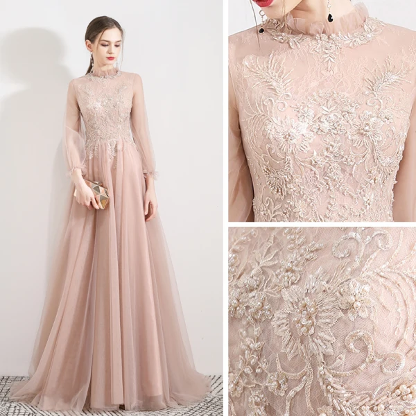 Elegant Pearl Pink See-through Evening Dresses  2019 A-Line / Princess High Neck Puffy 3/4 Sleeve Appliques Lace Beading Sweep Train Backless Formal Dresses