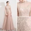 Elegant Pearl Pink See-through Evening Dresses  2019 A-Line / Princess High Neck Puffy 3/4 Sleeve Appliques Lace Beading Sweep Train Backless Formal Dresses
