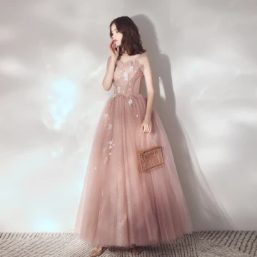 Élégant Perle Rose Robe De Soirée 2019 Princesse Bretelles Spaghetti Sans Manches Appliques En Dentelle Perlage Glitter Tulle Longue Volants Dos Nu Robe De Ceremonie
