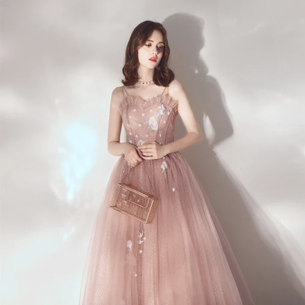 Elegant Pearl Pink Evening Dresses 2019 A-Line / Princess Spaghetti Straps Sleeveless Appliques Lace Beading Glitter Tulle Floor-Length / Long Ruffle Backless Formal Dresses