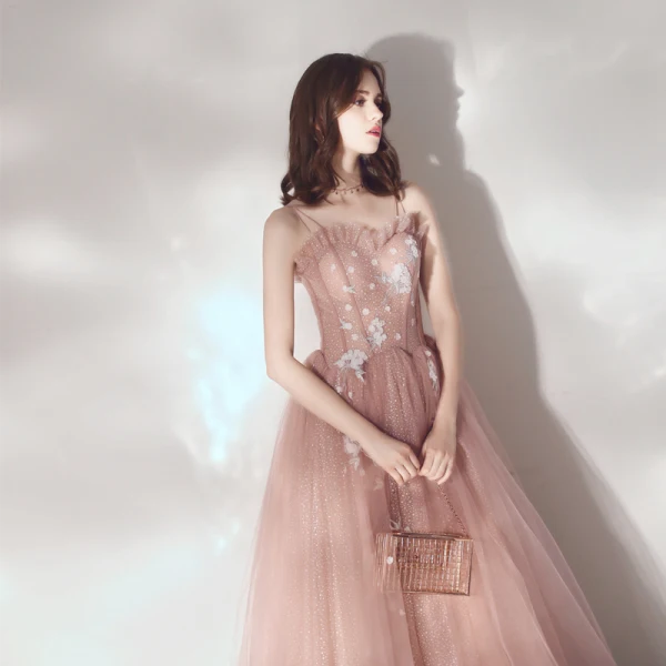 Elegant Pearl Pink Evening Dresses 2019 A-Line / Princess Spaghetti Straps Sleeveless Appliques Lace Beading Glitter Tulle Floor-Length / Long Ruffle Backless Formal Dresses