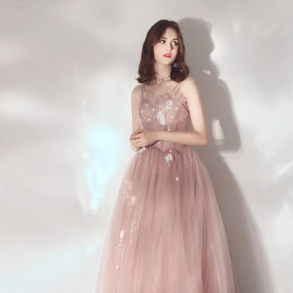 Elegant Pearl Pink Evening Dresses 2019 A-Line / Princess Spaghetti Straps Sleeveless Appliques Lace Beading Glitter Tulle Floor-Length / Long Ruffle Backless Formal Dresses