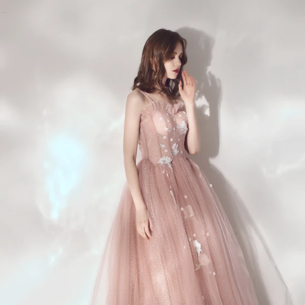 Elegant Pearl Pink Evening Dresses 2019 A-Line / Princess Spaghetti Straps Sleeveless Appliques Lace Beading Glitter Tulle Floor-Length / Long Ruffle Backless Formal Dresses