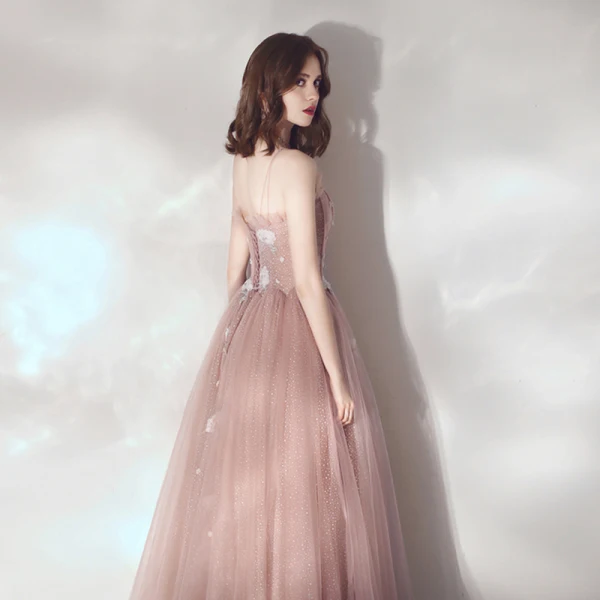 Elegant Pearl Pink Evening Dresses 2019 A-Line / Princess Spaghetti Straps Sleeveless Appliques Lace Beading Glitter Tulle Floor-Length / Long Ruffle Backless Formal Dresses