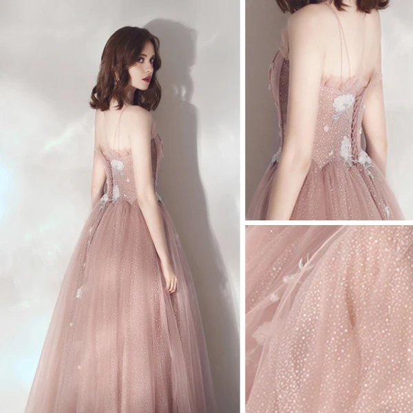 Elegant Pearl Pink Evening Dresses 2019 A-Line / Princess Spaghetti Straps Sleeveless Appliques Lace Beading Glitter Tulle Floor-Length / Long Ruffle Backless Formal Dresses