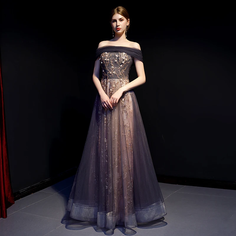 Elegant Purple Gold Evening Dresses 2019 A Line Princess Off The Shoulder  Short Sleeve Beading Glitter Tulle Floor Length Long Ruffle Backless Formal  Dresses