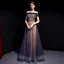 Elegant Purple Gold Evening Dresses  2019 A-Line / Princess Off-The-Shoulder Short Sleeve Beading Glitter Tulle Floor-Length / Long Ruffle Backless Formal Dresses