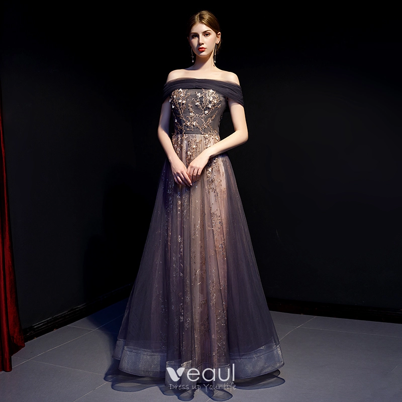 Elegant Purple Gold Evening Dresses 2019 A-Line / Princess Off-The-Shoulder Short Sleeve Beading Glitter Tulle Floor-Length / Long Ruffle Backless