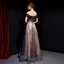 Elegant Purple Gold Evening Dresses  2019 A-Line / Princess Off-The-Shoulder Short Sleeve Beading Glitter Tulle Floor-Length / Long Ruffle Backless Formal Dresses