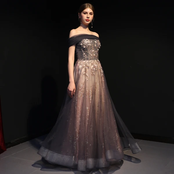 Elegant Purple Gold Evening Dresses 2019 A-Line / Princess Off-The-Shoulder Short Sleeve Beading Glitter Tulle Floor-Length / Long Ruffle Backless