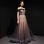 Elegant Purple Gold Evening Dresses  2019 A-Line / Princess Off-The-Shoulder Short Sleeve Beading Glitter Tulle Floor-Length / Long Ruffle Backless Formal Dresses