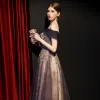 Élégant Violet Doré Robe De Soirée 2019 Princesse De l'épaule Manches Courtes Perlage Glitter Tulle Longue Volants Dos Nu Robe De Ceremonie