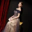 Elegant Purple Gold Evening Dresses  2019 A-Line / Princess Off-The-Shoulder Short Sleeve Beading Glitter Tulle Floor-Length / Long Ruffle Backless Formal Dresses
