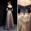 Elegant Purple Gold Evening Dresses  2019 A-Line / Princess Off-The-Shoulder Short Sleeve Beading Glitter Tulle Floor-Length / Long Ruffle Backless Formal Dresses