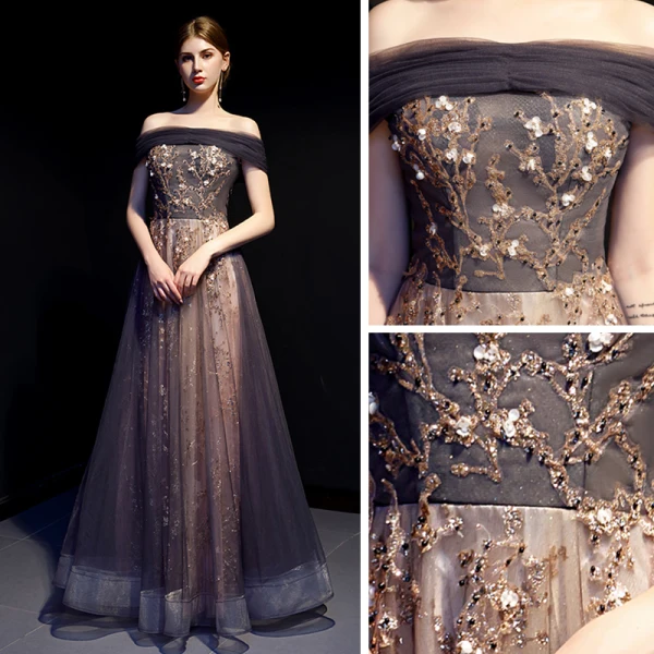 Elegant Purple Gold Evening Dresses  2019 A-Line / Princess Off-The-Shoulder Short Sleeve Beading Glitter Tulle Floor-Length / Long Ruffle Backless Formal Dresses