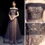 Elegant Purple Gold Evening Dresses  2019 A-Line / Princess Off-The-Shoulder Short Sleeve Beading Glitter Tulle Floor-Length / Long Ruffle Backless Formal Dresses