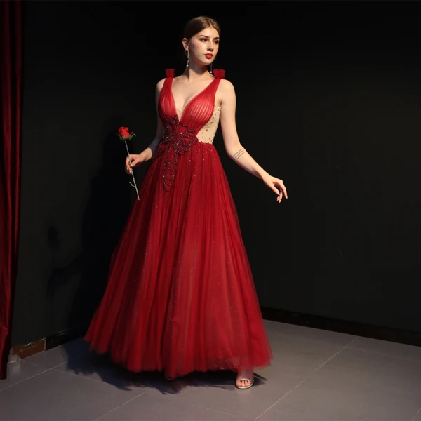Sexy Burgundy See-through Evening Dresses  2019 A-Line / Princess Deep V-Neck Sleeveless Beading Glitter Tulle Floor-Length / Long Ruffle Backless Formal Dresses