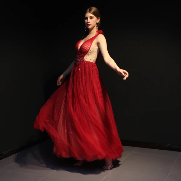Sexy Burgundy See-through Evening Dresses  2019 A-Line / Princess Deep V-Neck Sleeveless Beading Glitter Tulle Floor-Length / Long Ruffle Backless Formal Dresses