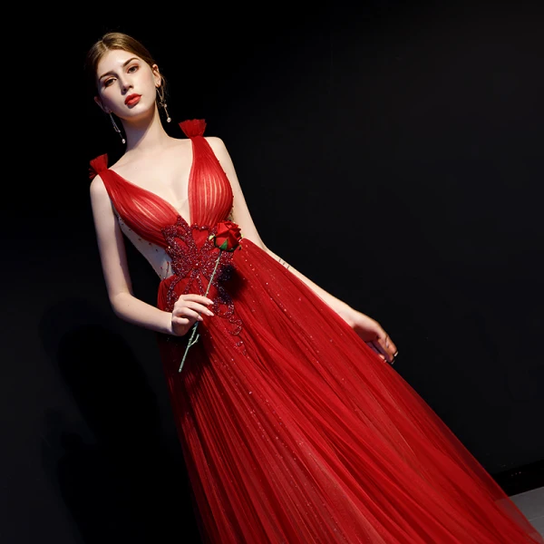 Sexy Burgundy See-through Evening Dresses  2019 A-Line / Princess Deep V-Neck Sleeveless Beading Glitter Tulle Floor-Length / Long Ruffle Backless Formal Dresses