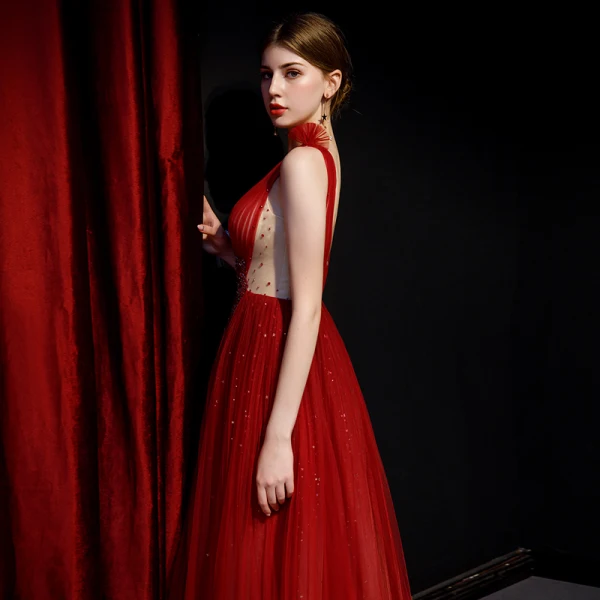 Sexy Burgundy See-through Evening Dresses  2019 A-Line / Princess Deep V-Neck Sleeveless Beading Glitter Tulle Floor-Length / Long Ruffle Backless Formal Dresses