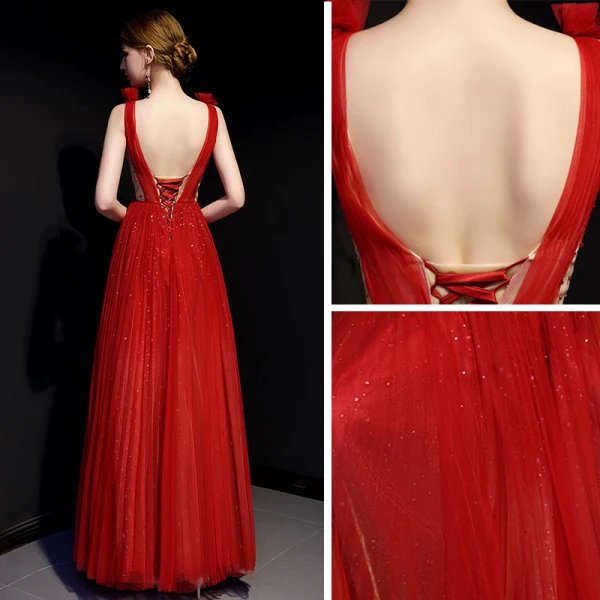 Sexy Burgundy See-through Evening Dresses  2019 A-Line / Princess Deep V-Neck Sleeveless Beading Glitter Tulle Floor-Length / Long Ruffle Backless Formal Dresses