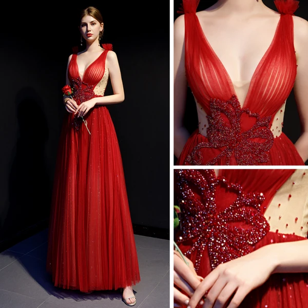 Sexy Burgundy See-through Evening Dresses  2019 A-Line / Princess Deep V-Neck Sleeveless Beading Glitter Tulle Floor-Length / Long Ruffle Backless Formal Dresses