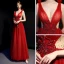 Sexy Burgundy See-through Evening Dresses  2019 A-Line / Princess Deep V-Neck Sleeveless Beading Glitter Tulle Floor-Length / Long Ruffle Backless Formal Dresses