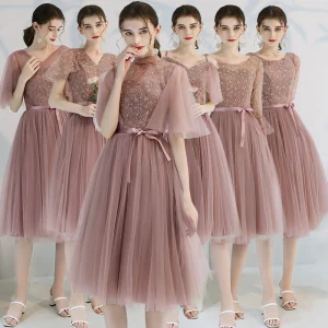 Affordable Pearl Pink Bridesmaid Dresses 2019 A Line Princess Appliques Lace Bow Sash Tea Length Ruffle Backless Wedding Party Dresses