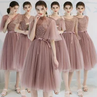 Affordable Pearl Pink Bridesmaid Dresses 2019 A-Line / Princess Appliques Lace Bow Sash Tea-length Ruffle Backless Wedding Party Dresses